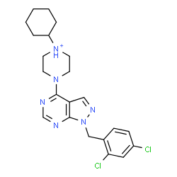ChemSpider 2D Image | 1-Cyclohexyl-4-[1-(2,4-dichlorobenzyl)-1H-pyrazolo[3,4-d]pyrimidin-4-yl]piperazin-1-ium | C22H27Cl2N6