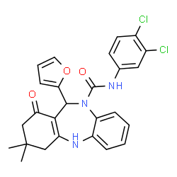 ChemSpider 2D Image | N-(3,4-Dichlorophenyl)-11-(2-furyl)-3,3-dimethyl-1-oxo-1,2,3,4,5,11-hexahydro-10H-dibenzo[b,e][1,4]diazepine-10-carboxamide | C26H23Cl2N3O3