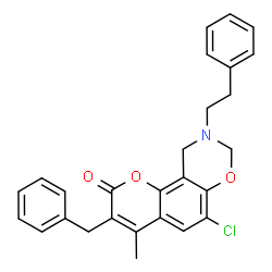 ChemSpider 2D Image | 3-Benzyl-6-chloro-4-methyl-9-(2-phenylethyl)-9,10-dihydro-2H,8H-chromeno[8,7-e][1,3]oxazin-2-one | C27H24ClNO3