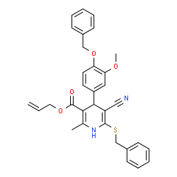 ChemSpider 2D Image | Allyl 4-[4-(benzyloxy)-3-methoxyphenyl]-6-(benzylsulfanyl)-5-cyano-2-methyl-1,4-dihydro-3-pyridinecarboxylate | C32H30N2O4S