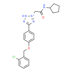 ChemSpider 2D Image | 5-{4-[(2-Chlorobenzyl)oxy]phenyl}-3-[2-(cyclopentylamino)-2-oxoethyl]-2H-tetrazol-3-ium | C21H23ClN5O2