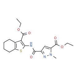 ChemSpider 2D Image | Ethyl 3-{[3-(ethoxycarbonyl)-4,5,6,7-tetrahydro-1-benzothiophen-2-yl]carbamoyl}-1-methyl-1H-pyrazole-5-carboxylate | C19H23N3O5S