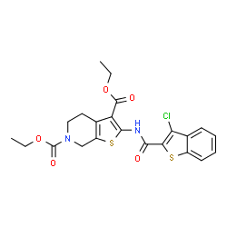 ChemSpider 2D Image | Diethyl 2-{[(3-chloro-1-benzothiophen-2-yl)carbonyl]amino}-4,7-dihydrothieno[2,3-c]pyridine-3,6(5H)-dicarboxylate | C22H21ClN2O5S2