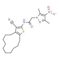 ChemSpider 2D Image | N-(3-Cyano-4,5,6,7,8,9,10,11,12,13-decahydrocyclododeca[b]thiophen-2-yl)-2-(3,5-dimethyl-4-nitro-1H-pyrazol-1-yl)acetamide | C22H29N5O3S