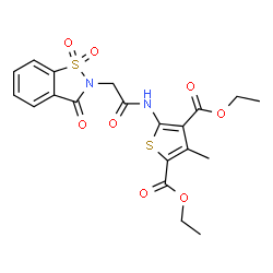 ChemSpider 2D Image | Diethyl 5-{[(1,1-dioxido-3-oxo-1,2-benzothiazol-2(3H)-yl)acetyl]amino}-3-methyl-2,4-thiophenedicarboxylate | C20H20N2O8S2