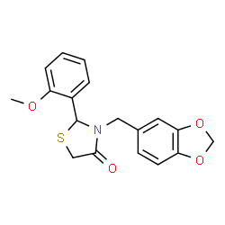 ChemSpider 2D Image | 3-(1,3-Benzodioxol-5-ylmethyl)-2-(2-methoxyphenyl)-1,3-thiazolidin-4-one | C18H17NO4S