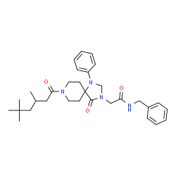 ChemSpider 2D Image | N-Benzyl-2-[4-oxo-1-phenyl-8-(3,5,5-trimethylhexanoyl)-1,3,8-triazaspiro[4.5]dec-3-yl]acetamide | C31H42N4O3