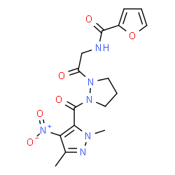 ChemSpider 2D Image | N-(2-{2-[(1,3-Dimethyl-4-nitro-1H-pyrazol-5-yl)carbonyl]-1-pyrazolidinyl}-2-oxoethyl)-2-furamide | C16H18N6O6