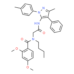 ChemSpider 2D Image | N-Butyl-2,4-dimethoxy-N-(2-{[3-methyl-1-(4-methylphenyl)-4-phenyl-1H-pyrazol-5-yl]amino}-2-oxoethyl)benzamide | C32H36N4O4