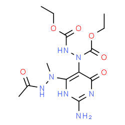 ChemSpider 2D Image | Diethyl 1-[6-(2-acetyl-1-methylhydrazino)-2-amino-4-oxo-1,4-dihydro-5-pyrimidinyl]-1,2-hydrazinedicarboxylate | C13H21N7O6