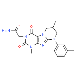 ChemSpider 2D Image | 2-[1,7-Dimethyl-9-(3-methylphenyl)-2,4-dioxo-1,4,6,7,8,9-hexahydropyrimido[2,1-f]purin-3(2H)-yl]acetamide | C19H22N6O3