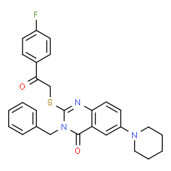 ChemSpider 2D Image | 3-Benzyl-2-{[2-(4-fluorophenyl)-2-oxoethyl]sulfanyl}-6-(1-piperidinyl)-4(3H)-quinazolinone | C28H26FN3O2S