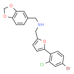 ChemSpider 2D Image | 1-(1,3-Benzodioxol-5-yl)-N-{[5-(4-bromo-2-chlorophenyl)-2-furyl]methyl}methanamine | C19H15BrClNO3