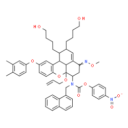 ChemSpider 2D Image | 4-Nitrophenyl [6a-(allyloxy)-10-(3,4-dimethylphenoxy)-1,2-bis(4-hydroxybutyl)-4-(methoxyimino)-1,2,4,5,6,6a,11b,11c-octahydrobenzo[kl]xanthen-6-yl](1-naphthylmethyl)carbamate | C54H59N3O10