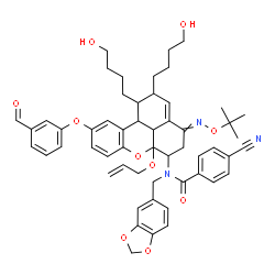 ChemSpider 2D Image | N-[6a-(Allyloxy)-10-(3-formylphenoxy)-1,2-bis(4-hydroxybutyl)-4-{[(2-methyl-2-propanyl)oxy]imino}-1,2,4,5,6,6a,11b,11c-octahydrobenzo[kl]xanthen-6-yl]-N-(1,3-benzodioxol-5-ylmethyl)-4-cyanobenzamide | C54H59N3O10