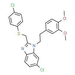 ChemSpider 2D Image | 6-Chloro-2-{[(4-chlorophenyl)sulfanyl]methyl}-1-[2-(3,4-dimethoxyphenyl)ethyl]-1H-benzimidazole | C24H22Cl2N2O2S