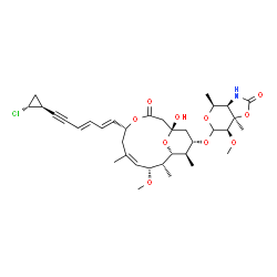 ChemSpider 2D Image | (3aR,4S,7R,7aR)-6-{[(1S,5R,7Z,9R,10R,11R,12R,13S)-5-{(1E,3E)-6-[(1S,2R)-2-Chlorocyclopropyl]-1,3-hexadien-5-yn-1-yl}-1-hydroxy-9-methoxy-7,10,12-trimethyl-3-oxo-4,15-dioxabicyclo[9.3.1]pentadec-7-en-1
3-yl]oxy}-7-methoxy-4,7a-dimethyltetrahydro-4H-pyrano[3,4-d][1,3]oxazol-2(3H)-one | C35H48ClNO10