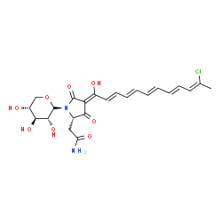 ChemSpider 2D Image | (3Z,5S)-5-(2-Amino-2-oxoethyl)-3-[(2E,4E,6E,8E,10Z)-11-chloro-1-hydroxy-2,4,6,8,10-dodecapentaen-1-ylidene]-1-(alpha-D-xylopyranosyl)-2,4-pyrrolidinedione | C23H27ClN2O8