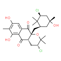 ChemSpider 2D Image | (3R,4aS,10aR)-3-Chloro-10a-{[(1S,3S,5R)-3-chloro-5-hydroxy-2,2,5-trimethylcyclohexyl]methyl}-6,8-dihydroxy-2,2,7-trimethyl-3,4,4a,10a-tetrahydro-2H-benzo[g]chromene-5,10-dione | C26H34Cl2O6