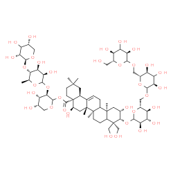 ChemSpider 2D Image | (3xi)-beta-D-erythro-Pentopyranosyl-(1->4)-6-deoxy-L-mannopyranosyl-(1->2)-1-O-[(2beta,3beta,5xi,9xi,16alpha)-3-{[(3xi)-D-ribo-hexopyranosyl-(1->6)-(3xi)-D-ribo-hexopyranosyl-(1->6)-D-glucopyranosyl]o
xy}-2,16,23,24-tetrahydroxy-28-oxoolean-12-en-28-yl]-L-arabinopyranose | C64H104O34