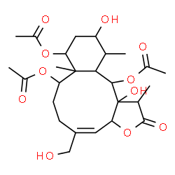 ChemSpider 2D Image | (4E)-11,13a-Dihydroxy-5-(hydroxymethyl)-1,8a,12-trimethyl-2-oxo-1,2,3a,6,7,8,8a,9,10,11,12,12a,13,13a-tetradecahydrobenzo[4,5]cyclodeca[1,2-b]furan-8,9,13-triyl triacetate | C26H38O11