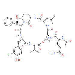ChemSpider 2D Image | N~2~-Acetyl-N~1~-[(2S,5S,11S,12S,15S,18S,21R)-2-benzyl-5-(3-chloro-4-hydroxybenzyl)-21-hydroxy-15-isobutyl-8-isopropyl-4,11-dimethyl-3,6,9,13,16,22-hexaoxo-10-oxa-1,4,7,14,17-pentaazabicyclo[16.3.1]do
cos-12-yl]-L-glutamamide | C46H63ClN8O12