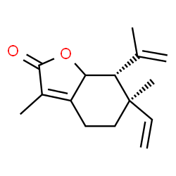 ChemSpider 2D Image | (6R,7R)-7-Isopropenyl-3,6-dimethyl-6-vinyl-5,6,7,7a-tetrahydro-1-benzofuran-2(4H)-one | C15H20O2