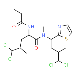 ChemSpider 2D Image | 5,5-Dichloro-N-[4,4-dichloro-3-methyl-1-(1,3-thiazol-2-yl)butyl]-N-methyl-N~2~-propionylleucinamide | C18H27Cl4N3O2S