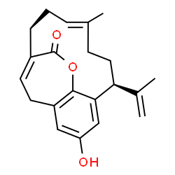 ChemSpider 2D Image | (6S,9E)-3-Hydroxy-6-isopropenyl-9-methyl-15-oxatricyclo[11.3.2.0~5,16~]octadeca-1(16),2,4,9,13(18)-pentaen-14-one | C21H24O3