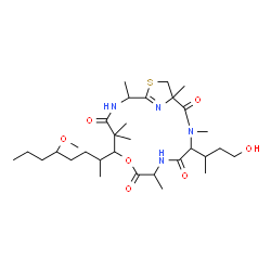 ChemSpider 2D Image | 4-(4-Hydroxy-2-butanyl)-10-(5-methoxy-2-octanyl)-1,3,7,11,11,14-hexamethyl-9-oxa-16-thia-3,6,13,18-tetraazabicyclo[13.2.1]octadec-15(18)-ene-2,5,8,12-tetrone | C31H54N4O7S
