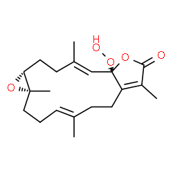 ChemSpider 2D Image | (1aR,4E,11E,14aR)-10a-Hydroperoxy-1a,5,8,12-tetramethyl-2,3,6,7,10a,13,14,14a-octahydrooxireno[9,10]cyclotetradeca[1,2-b]furan-9(1aH)-one | C20H28O5