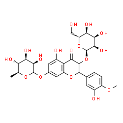ChemSpider 2D Image | 7-[(6-Deoxy-L-mannopyranosyl)oxy]-5-hydroxy-2-(3-hydroxy-4-methoxyphenyl)-4-oxo-3,4-dihydro-2H-chromen-3-yl alpha-D-allopyranoside | C28H34O16
