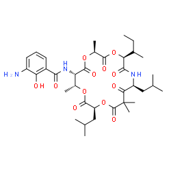 ChemSpider 2D Image | 3-Amino-N-{(2S,5S,8S,13S,16R,17S)-5-[(2S)-2-butanyl]-8,13-diisobutyl-2,10,10,16-tetramethyl-3,6,9,11,14,18-hexaoxo-1,4,12,15-tetraoxa-7-azacyclooctadecan-17-yl}-2-hydroxybenzamide | C36H53N3O12