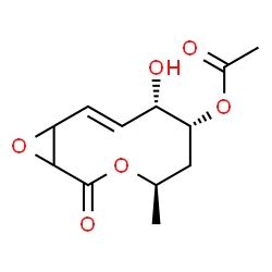 ChemSpider 2D Image | (4R,6R,7S,8E)-7-Hydroxy-4-methyl-2-oxo-3,11-dioxabicyclo[8.1.0]undec-8-en-6-yl acetate | C12H16O6