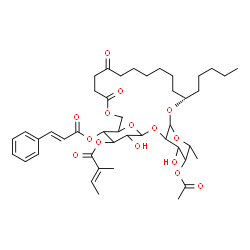 ChemSpider 2D Image | (10S)-5-Acetoxy-4,26-dihydroxy-6-methyl-17,20-dioxo-10-pentyl-24-{[(2E)-3-phenyl-2-propenoyl]oxy}-2,7,9,21,27-pentaoxatricyclo[21.3.1.0~3,8~]heptacos-25-yl (2E)-2-methyl-2-butenoate (non-preferred nam
e) | C44H62O15