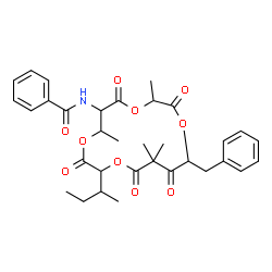 ChemSpider 2D Image | N-(15-Benzyl-10-sec-butyl-3,7,13,13-tetramethyl-2,5,9,12,14-pentaoxo-1,4,8,11-tetraoxacyclopentadecan-6-yl)benzamide | C33H39NO10