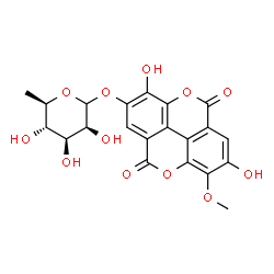 ChemSpider 2D Image | 3,7-Dihydroxy-8-methoxy-5,10-dioxo-5,10-dihydrochromeno[5,4,3-cde]chromen-2-yl 6-deoxy-D-mannopyranoside | C21H18O12