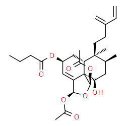 ChemSpider 2D Image | (1R,3S,5S,6aR,7S,8S,10R,10aR)-1,3-Diacetoxy-10-hydroxy-7,8-dimethyl-7-(3-methylene-4-penten-1-yl)-3,5,6,6a,7,8,9,10-octahydronaphtho[1,8a-c]furan-5-yl butyrate | C28H40O8