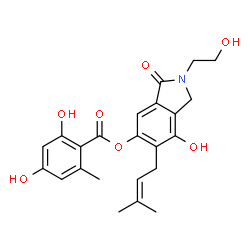 ChemSpider 2D Image | 7-Hydroxy-2-(2-hydroxyethyl)-6-(3-methyl-2-buten-1-yl)-3-oxo-2,3-dihydro-1H-isoindol-5-yl 2,4-dihydroxy-6-methylbenzoate | C23H25NO7