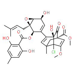 ChemSpider 2D Image | Methyl (1S,3S)-7-chloro-4-[(1R,2R,5S,6S)-2-[(2,6-dihydroxy-4-methylbenzoyl)oxy]-5-hydroxy-1-(3-methyl-2-buten-1-yl)-7-oxabicyclo[4.1.0]hept-3-en-3-yl]-3-hydroxy-8-methoxy-6-methyl-2-oxotricyclo[4.3.1.
0~3,7~]deca-4,8-diene-1-carboxylate | C33H35ClO11