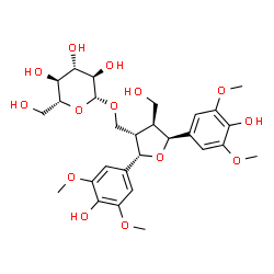 ChemSpider 2D Image | [(2S,3S,4S,5S)-2,5-Bis(4-hydroxy-3,5-dimethoxyphenyl)-4-(hydroxymethyl)tetrahydro-3-furanyl]methyl beta-D-glucopyranoside | C28H38O14