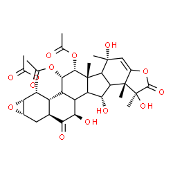 ChemSpider 2D Image | (1S,5S,5aS,6R,7R,8aS,9aS,10aS,11R,11aR,12S,13R,13aS)-1,5,6,7-Tetrahydroxy-1,5,5a,13a-tetramethyl-4,8-dioxo-4,5,5a,5b,6,6a,6b,7,8,8a,9,9a,10a,11,11a,11b,12,13,13a,13b-icosahydro-1H-oxireno[6',7']naphth
o[1',2':7,8]fluoreno[2,1-b]furan-11,12,13-triyl triacetate | C33H42O14