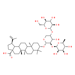 ChemSpider 2D Image | (3beta,5xi,9xi,13xi,18xi)-3-{[6-Deoxy-beta-L-mannopyranosyl-(1->2)-[(3xi)-beta-D-ribo-hexopyranosyl-(1->4)]-beta-D-glycero-pentopyranosyl]oxy}lup-20(29)-en-28-oic acid | C47H76O16