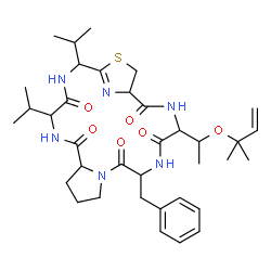 ChemSpider 2D Image | 14-Benzyl-2,5-diisopropyl-17-{1-[(2-methyl-3-buten-2-yl)oxy]ethyl}-22-thia-3,6,12,15,18,23-hexaazatricyclo[18.2.1.0~8,12~]tricos-1(23)-ene-4,7,13,16,19-pentone | C36H52N6O6S