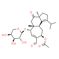 ChemSpider 2D Image | (3aS,5aR,6S,9R,10aR)-6-(alpha-L-Arabinopyranosyloxy)-8-formyl-1-isopropyl-3a,5a-dimethyl-4-oxo-2,3,3a,4,5,5a,6,9,10,10a-decahydrocyclohepta[e]inden-9-yl acetate | C27H38O9