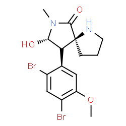 ChemSpider 2D Image | (5S,8S,9S)-9-(2,4-Dibromo-5-methoxyphenyl)-8-hydroxy-7-methyl-1,7-diazaspiro[4.4]nonan-6-one | C15H18Br2N2O3