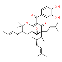 ChemSpider 2D Image | (1S,3S,9R,11S)-7-(3,4-Dihydroxybenzoyl)-4,4,10,10-tetramethyl-3,9,11-tris(3-methyl-2-buten-1-yl)-5-oxatricyclo[7.3.1.0~1,6~]tridec-6-ene-8,13-dione | C38H50O6