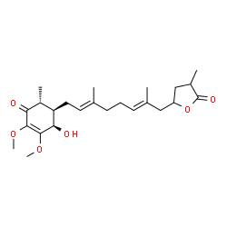 ChemSpider 2D Image | 5-{(2E,6E)-8-[(1R,2R,6R)-2-Hydroxy-3,4-dimethoxy-6-methyl-5-oxo-3-cyclohexen-1-yl]-2,6-dimethyl-2,6-octadien-1-yl}-3-methyldihydro-2(3H)-furanone | C24H36O6