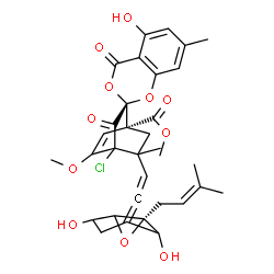 ChemSpider 2D Image | Methyl (1'R,2R)-4'-chloro-8'-{(S)-2-[(1R,3S)-2,5-dihydroxy-1-(3-methyl-2-buten-1-yl)-7-oxabicyclo[4.1.0]hept-3-ylidene]vinyl}-5-hydroxy-5'-methoxy-7,8'-dimethyl-3',4-dioxo-1'H,4H-spiro[1,3-benzodioxin
e-2,2'-bicyclo[2.2.2]oct[5]ene]-1'-carboxylate | C33H35ClO11