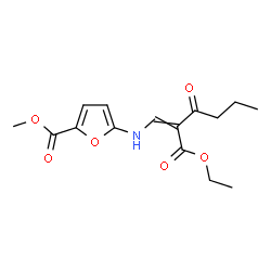 ChemSpider 2D Image | Methyl 5-{[2-(ethoxycarbonyl)-3-oxo-1-hexen-1-yl]amino}-2-furoate | C15H19NO6